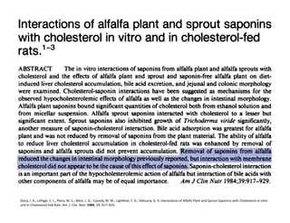 Story,	
  J.	
  A.;	
  LePage,	
  S.	
  L.;	
  Petro,	
  M.	
  S.;	
  West,	
  L.	
  G.;	
  Cassidy,	
  M.	
  M.;	
  Lighsoot,	
  F.	
  G.;	
  Vahouny,	
  G.	
  V.	
  InteracFons	
  of	
  Alfalfa	
  Plant	
  and	
  Sprout	
  Saponins	
  with	
  Cholesterol	
  in	
  vitro	
  
and	
  in	
  Cholesterol-­‐Fed	
  Rats.	
  Am.	
  J.	
  Clin.	
  Nutr.	
  1984,	
  39,	
  917–929.	
  
 
