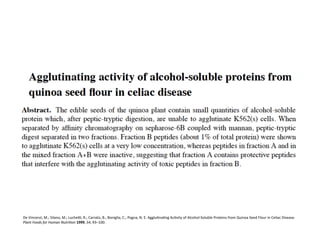 De	
  Vincenzi,	
  M.;	
  Silano,	
  M.;	
  Luchex,	
  R.;	
  Carratù,	
  B.;	
  Boniglia,	
  C.;	
  Pogna,	
  N.	
  E.	
  AggluFnaFng	
  AcFvity	
  of	
  Alcohol-­‐Soluble	
  Proteins	
  from	
  Quinoa	
  Seed	
  Flour	
  in	
  Celiac	
  Disease.	
  
Plant	
  Foods	
  for	
  Human	
  Nutri=on	
  1999,	
  54,	
  93–100.	
  
 