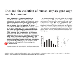 Perry,	
  G.	
  H.;	
  Dominy,N.	
  J.;	
  Claw,	
  K.	
  G.;	
  Lee,	
  A.	
  S.;	
  Fiegler,	
  H.;	
  Redon,	
  R.;	
  Werner,	
  J.;	
  Villanea,	
  F.	
  A.;	
  Mountain,	
  J.	
  L.;	
  Misra,	
  R.;	
  Carter,	
  N.	
  P.;	
  Lee,	
  C.;	
  Stone,	
  A.	
  C.	
  Diet	
  and	
  the	
  
EvoluFon	
  of	
  Human	
  Amylase	
  Gene	
  Copy	
  Number	
  VariaFon.	
  Nature	
  Gene=cs	
  2007,	
  39(10),	
  1256–1260.,	
  	
  
 