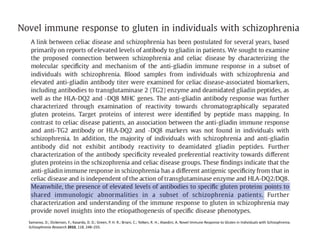Samaroo,	
  D.;	
  Dickerson,	
  F.;	
  Kasarda,	
  D.	
  D.;	
  Green,	
  P.	
  H.	
  R.;	
  Briani,	
  C.;	
  Yolken,	
  R.	
  H.;	
  Alaedini,	
  A.	
  Novel	
  Immune	
  Response	
  to	
  Gluten	
  in	
  Individuals	
  with	
  Schizophrenia.	
  
Schizophrenia	
  Research	
  2010,	
  118,	
  248–255.	
  
 