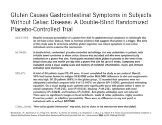Biesiekierski,	
  J.	
  R.;	
  Newnham,	
  E.	
  D.;	
  Irving,	
  P.	
  M.;	
  BarreY,	
  J.	
  S.;	
  Haines,	
  M.;	
  Doecke,	
  J.	
  D.;	
  Shepherd,	
  S.	
  J.;	
  Muir,	
  J.	
  G.;	
  Gibson,	
  P.	
  R.	
  Gluten	
  Causes	
  GastrointesFnal	
  Symptoms	
  in	
  
Subjects	
  Without	
  Celiac	
  Disease:	
  A	
  Double-­‐Blind	
  Randomized	
  Placebo-­‐Controlled	
  Trial.	
  Am.	
  J.	
  Gastroenterol	
  2011,	
  doi:10.1038/ajg.2010.487.	
  
 