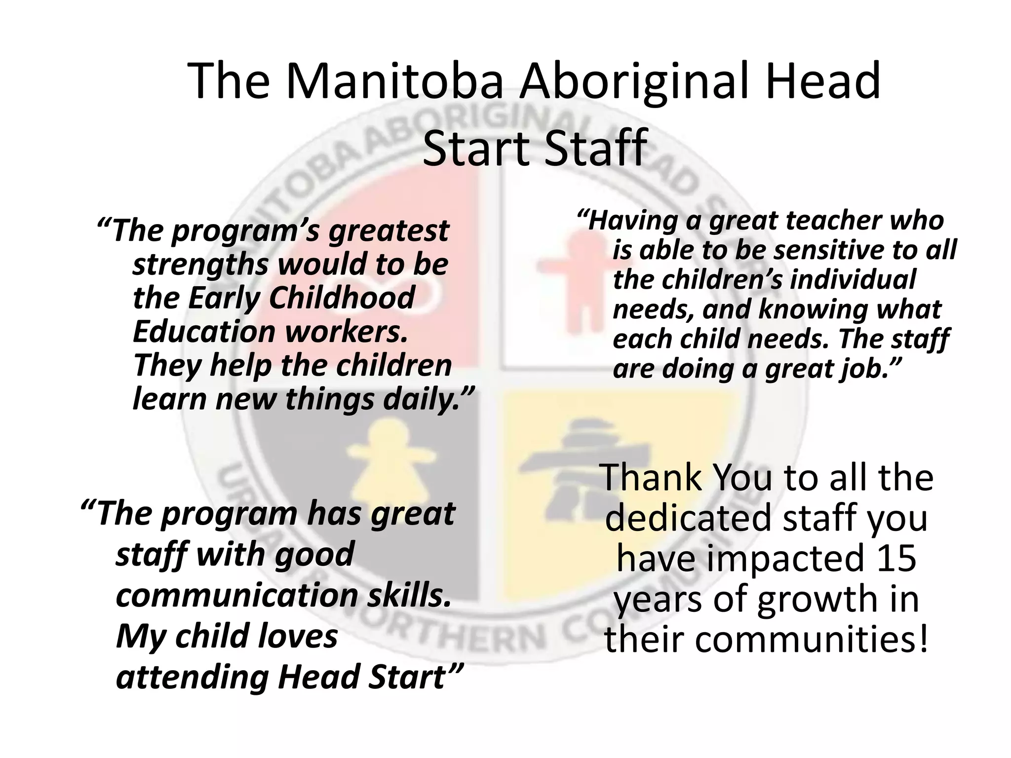 The Manitoba Aboriginal Head
                Start Staff
 “The program’s greatest      “Having a great teacher who
                                is able to be sensitive to all
   strengths would to be        the children’s individual
   the Early Childhood          needs, and knowing what
   Education workers.           each child needs. The staff
   They help the children       are doing a great job.”
   learn new things daily.”

                                Thank You to all the
“The program has great          dedicated staff you
  staff with good                have impacted 15
  communication skills.          years of growth in
  My child loves                their communities!
  attending Head Start”
 
