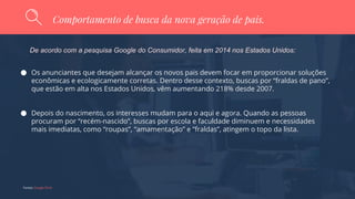 Fontes: Google Think
Comportamento de busca da nova geração de pais.
De acordo com a pesquisa Google do Consumidor, feita em 2014 nos Estados Unidos:
Os anunciantes que desejam alcançar os novos pais devem focar em proporcionar soluções
econômicas e ecologicamente corretas. Dentro desse contexto, buscas por “fraldas de pano”,
que estão em alta nos Estados Unidos, vêm aumentando 218% desde 2007.
Depois do nascimento, os interesses mudam para o aqui e agora. Quando as pessoas
procuram por “recém-nascido”, buscas por escola e faculdade diminuem e necessidades
mais imediatas, como “roupas”, “amamentação” e “fraldas”, atingem o topo da lista.
 