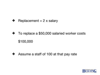 Replacement = 2 x salary To replace a $50,000 salaried worker costs $100,000 Assume a staff of 100 at that pay rate 