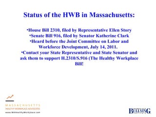 Status of the HWB in Massachusetts: House Bill 2310, filed by Representative Ellen Story Senate Bill 916, filed by Senator Katherine Clark Heard before the Joint Committee on Labor and Workforce Development, July 14, 2011.  Contact your State Representative and State Senator and ask them to support H.2310/S.916 (The Healthy Workplace Bill! 