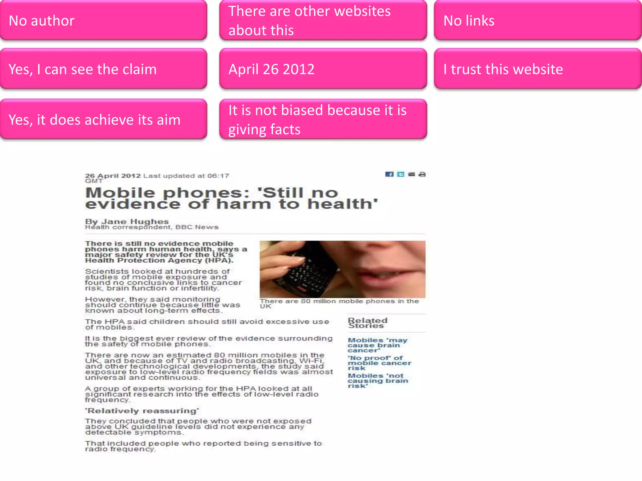 There are other websites
No author No links
about this
Yes, I can see the claim April 26 2012 I trust this website
It is not biased because it is
Yes, it does achieve its aim
giving facts