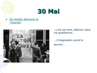 30 Mai De Gaulle dénonce la "chienlit" .-L'art est mort, libérons notre vie quotidienne… .-L'imagination prend le pouvoir…   