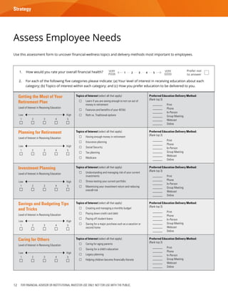12 FOR FINANCIAL ADVISOR OR INSTITUTIONAL INVESTOR USE ONLY. NOT FOR USE WITH THE PUBLIC.
Assess Employee Needs
1.	 How would you rate your overall financial health?
2.	 For each of the following five categories please indicate: (a) Your level of interest in receiving education about each
category; (b) Topics of interest within each category; and (c) How you prefer education to be delivered to you.
Very
poor
1 2 3 4 5 Very
good
Prefer not
to answer
Getting the Most of Your
Retirement Plan
Level of Interest in Receiving Education
Topics of Interest (select all that apply):
	 Learn if you are saving enough to not run out of
money in retirement
	 Features and benefits of your 401(k)
	 Roth vs. Traditional options
Preferred Education Delivery Method:
(Rank top 3)
	Print
	Phone
	In-Person
	 Group Meeting
	 Webcast
	Online
Planning for Retirement
Level of Interest in Receiving Education
Topics of Interest (select all that apply):
	 Having enough money in retirement
	 Insurance planning
	 Social Security
	 Tax planning
	 Medicare
Preferred Education Delivery Method:
(Rank top 3)
	Print
	Phone
	In-Person
	 Group Meeting
	 Webcast
	Online
Investment Planning
Level of Interest in Receiving Education
Topics of Interest (select all that apply):
	 Understanding and managing risk of your current
investments
	 Stress-testing your current portfolio
	 Maximizing your investment return and reducing
overall risk
Preferred Education Delivery Method:
(Rank top 3)
	Print
	Phone
	In-Person
	 Group Meeting
	 Webcast
	Online
Savings and Budgeting Tips
and Tricks
Level of Interest in Receiving Education
Topics of Interest (select all that apply):
	 Creating and managing a monthly budget
	 Paying down credit card debt
	 Paying off student loans
	 Saving for a major purchase such as a vacation or
second home
Preferred Education Delivery Method:
(Rank top 3)
	Print
	Phone
	In-Person
	 Group Meeting
	 Webcast
	Online
Caring for Others
Level of Interest in Receiving Education
Topics of Interest (select all that apply):
	 Caring for aging parents
	 Saving for a child’s education
	 Legacy planning
	 Helping children become financially literate
Preferred Education Delivery Method:
(Rank top 3)
	Print
	Phone
	In-Person
	 Group Meeting
	 Webcast
	Online
Use this assessment form to uncover financial-wellness topics and delivery methods most important to employees.
HighLow
1

2

3

4

5

HighLow
1

2

3

4

5

HighLow
1

2

3

4

5

HighLow
1

2

3

4

5

HighLow
1

2

3

4

5

Strategy
 