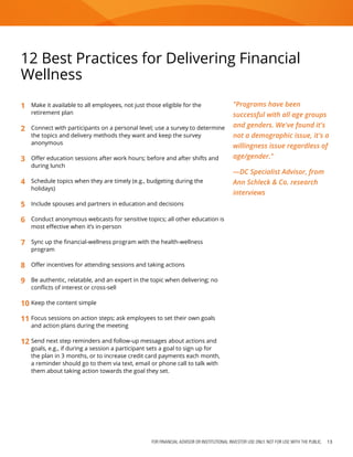 FOR FINANCIAL ADVISOR OR INSTITUTIONAL INVESTOR USE ONLY. NOT FOR USE WITH THE PUBLIC. 13
12 Best Practices for Delivering Financial
Wellness
1	 Make it available to all employees, not just those eligible for the
retirement plan
2	 Connect with participants on a personal level; use a survey to determine
the topics and delivery methods they want and keep the survey
anonymous
3	 Offer education sessions after work hours; before and after shifts and
during lunch
4	 Schedule topics when they are timely (e.g., budgeting during the
holidays)
5	 Include spouses and partners in education and decisions
6	 Conduct anonymous webcasts for sensitive topics; all other education is
most effective when it’s in-person
7	 Sync up the financial-wellness program with the health-wellness
program
8	 Offer incentives for attending sessions and taking actions
9	 Be authentic, relatable, and an expert in the topic when delivering; no
conflicts of interest or cross-sell
10	Keep the content simple
11	Focus sessions on action steps; ask employees to set their own goals
and action plans during the meeting
12	Send next step reminders and follow-up messages about actions and
goals, e.g., if during a session a participant sets a goal to sign up for
the plan in 3 months, or to increase credit card payments each month,
a reminder should go to them via text, email or phone call to talk with
them about taking action towards the goal they set.
"Programs have been
successful with all age groups
and genders. We've found it's
not a demographic issue, it's a
willingness issue regardless of
age/gender."
—DC Specialist Advisor, from
Ann Schleck & Co. research
interviews
 