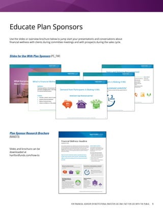 FOR FINANCIAL ADVISOR OR INSTITUTIONAL INVESTOR USE ONLY. NOT FOR USE WITH THE PUBLIC. 9
FOR FINANCIAL ADVISOR OR INSTITUTIONAL INVESTOR USE ONLY. NOT FOR USE WITH THE GENERAL PUBLIC.
Topics and Delivery Are Customized
62%
recordkeepers and
third-party providers
offer topics beyond
retirement3
5
97%
recordkeepers and
third-party
providers offer
multiple delivery
methods3
LESS COMPLEX MORE COMPLEX
Basic Budgeting
Debt Management
Credit Scores &
Monitoring
College Savings
Buying a House
How Much to Save
Basic Investing
Insurance Planning
Consolidated View of
Outside Assets
Consolidated View of
Retirement Assets
HSA’s and Healthcare
Options Now and In
Retirement
Social Security Planning
Near Retirement
Income Planning
Helping Children
Become Financially
Literate
Financial Responsibility
for Aging Parents
Tax Planning
Legacy Planning
Educate Plan Sponsors
Slides for Use With Plan Sponsors (PS_FW)
Plan Sponsor Research Brochure
(MAI073)
Use the slides or overview brochure below to jump start your presentations and conversations about
financial wellness with clients during committee meetings and with prospects during the sales cycle.
FOR FINANCIAL ADVISOR OR INSTITUTIONAL INVESTOR USE ONLY. NOT FOR USE WITH THE PUBLIC. 1
Financial Wellness Definition
Financial wellness is the process of
learning about, understanding, and then
managing short- and long-term savings
so a person can invest in a secure
financial future.
The purpose of financial wellness:
   Provide a holistic view of a person’s
finances, not just what’s saved in an
employer-sponsored retirement plan
   Make changes in financial behavior
   Reduce financial stress
   Inspire confidence in the probability
of achieving financial goals
Financial Wellness Headline
Subhead to come
THIRD-PARTY
PROVIDERS
RECORDKEEPER
Top financial worries5
PLAN
SPONSER
PARTICIPANTS
83%
LACK OF
SAVINGS NOT HAVING ENOUGH
MONEY TO COVER
REGULAR EXPENSES
71%
49%
28%
2%
CONFIDENCE METER
LESS MORE
Moderately,
slightly or
not conﬁdent
27%Use
Recordkeeper
Programs
26%Use
Third-Party
Programs
Seven out of ten American workers say financial
stress is their most common cause of stress4
NOT HAVING
ENOUGH MONEY
FOR RETIREMENT
69%
3HOURS
THIRD-PARTY
PROVIDERS
RECORDKEEPER
Top financial worries5
PLAN
SPONSER
PARTICIPANTS
83%
LACK OF
SAVINGS NOT HAVING ENOUGH
MONEY TO COVER
REGULAR EXPENSES
71%
49%
28%
2%
CONFIDENCE METER
LESS MORE
Moderately,
slightly or
not conﬁdent
27%Use
Recordkeeper
Programs
26%Use
Third-Party
Programs
Seven out of ten American workers say financial
stress is their most common cause of stress4
NOT HAVING
ENOUGH MONEY
FOR RETIREMENT
69%
3HOURS
THIRD-PARTY
PROVIDERS
RECORDKEEPER
Top financial worries5
PLAN
SPONSER
PARTICIPANTS
83%
LACK OF
SAVINGS NOT HAVING ENOUGH
MONEY TO COVER
REGULAR EXPENSES
71%
49%
28%
2%
CONFIDENCE METER
LESS MORE
Moderately,
slightly or
not conﬁdent
27%Use
Recordkeeper
Programs
26%Use
Third-Party
Programs
Seven out of ten American workers say financial
stress is their most common cause of stress4
NOT HAVING
ENOUGH MONEY
FOR RETIREMENT
69%
3HOURS
Americans’ top financial worries
% of people with financial worries who reported concern about
various items15
THIRD-PARTY
PROVIDERS
RECORDKEEPER
Top financial worries5
PLAN
SPONSER
PARTICIPANTS
83%
LACK OF
SAVINGS NOT HAVING ENOUGH
MONEY TO COVER
REGULAR EXPENSES
71%
49%
28%
2%
CONFIDENCE METER
LESS MORE
Moderately,
slightly or
not conﬁdent
27%Use
Recordkeeper
Programs
26%Use
Third-Party
Programs
Seven out of ten American workers say financial
stress is their most common cause of stress4
NOT HAVING
ENOUGH MONEY
FOR RETIREMENT
69%
3HOURS
46% of employees distracted by
their finances at work say they spend
three or more work hours on personal
finances
Financial Stress is hurting employees’ productivity2
Hours spent each week thinking about, or dealing with issues
related to their personal finances.
Defined benefit plans
are gone
% of private sector
workers participated in
a defined benefit plan
as their only retirement
account.6
And many
employees are ill
prepared to manage their
retirements.
THIRD-PARTY
PROVIDERS
RECORDKEEPER
Top financial worries5
PLAN
SPONSER
PARTICIPANTS
83%
LACK OF
SAVINGS NOT HAVING ENOUGH
MONEY TO COVER
REGULAR EXPENSES
71%
49%
28%
2%
CONFIDENCE METER
LESS MORE
Moderately,
slightly or
not conﬁdent
27%Use
Recordkeeper
Programs
26%Use
Third-Party
Programs
Seven out of ten American workers say financial
stress is their most common cause of stress4
NOT HAVING
ENOUGH MONEY
FOR RETIREMENT
69%
3HOURS
1979 2013
Have you been wondering if your employees’ stress about their finances is affecting
their productivity? Research shows that employees are stressed about their finances
and their spending time on the job dealing with them. But there’s much uncertainty
among employers about what to do about this problem. This report provides
highlights from an Ann Schleck & Co. research project that reveals financial wellness
trends, who’s paying for it and the approaches financial consultants are taking to
help solve this problem.
Seven out of ten American workers say financial stress
is their most common cause of stress, and almost half
(48%) say they find dealing with their financial situation
stressful.
21%
53%
9
2
2
46%
DOL Ruling provides new
opportunities for financial
wellness
46% of consultants believe that the new
ruling will create greater opportunities for
advisory firms to develop and differentiate
financial wellness services.1
More
consultants will be willing to offer financial
wellness because the new rule clarified
the roles of consultant, plan sponsors and
providers.
FOR FINANCIAL ADVISOR OR INSTITUTIONAL INVESTOR USE ONLY. NOT FOR USE WITH THE GENERAL PUBLIC. 4
Demand from Employers is Making It BIG
Financial stress is hurting employees’ productivity2
46% of employees distracted by their finances at work say they spend three or
more work hours on personal finances
FOR FINANCIAL ADVISOR OR INSTITUTIONAL INVESTOR USE ONLY. NOT FOR USE WITH THE GENERAL PUBLIC. 1
What Everyone Needs to Know
About Financial Wellness
FOR FINANCIAL ADVISOR OR INSTITUTIONAL INVESTOR USE ONLY. NOT FOR USE WITH THE GENERAL PUBLIC.
What Is Financial Wellness?
Definition:
Financial wellness is the process of learning about, understanding,
and then managing short- and long-term savings so you can invest
in a secure financial future.
2
Purpose:
 Provide a holistic view of a person’s finances
 Improve financial behavior
 Reduce financial stress
 Inspire confidence in the probability of achieving financial goals
FOR FINANCIAL ADVISOR OR INSTITUTIONAL INVESTOR USE ONLY. NOT FOR USE WITH THE GENERAL PUBLIC. 3
Demand from Participants Is Making It BIG
American’s top financial worries1
 Tech Adds Life to Longer Life
 Life Changing Tech
 Your Role in the Longevity
Economy
Slides and brochure can be
downloaded at
hartfordfunds.com/how-to
 