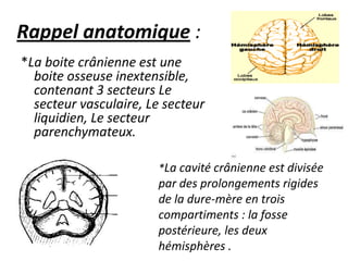 Rappel anatomique :
*La boite crânienne est une
boite osseuse inextensible,
contenant 3 secteurs Le
secteur vasculaire, Le secteur
liquidien, Le secteur
parenchymateux.
*La cavité crânienne est divisée
par des prolongements rigides
de la dure-mère en trois
compartiments : la fosse
postérieure, les deux
hémisphères .
 