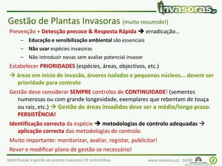 Identificação e gestão de plantas invasoras|19 Junho|Maia www.invasoras.pt 16/40
Prevenção + Detecção precoce & Resposta Rápida  erradicação…
– Educação e sensibilização ambiental são essenciais
– Não usar espécies invasoras
– Não introduzir novas sem avaliar potencial invasor
Estabelecer PRIORIDADES (espécies, áreas, objectivos, etc.)
 áreas em início de invasão, árvores isoladas e pequenos núcleos... devem ser
prioridade para controlo
Gestão deve considerar SEMPRE controlos de CONTINUIDADE! (sementes
numerosas ou com grande longevidade, exemplares que rebentam de touça
ou raiz, etc.)  Gestão de áreas invadidas deve ser a médio/longo prazo.
PERSISTÊNCIA!
Identificação correcta da espécie  metodologias de controlo adequadas 
aplicação correcta das metodologias de controlo.
Muito importante: monitorizar, avaliar, registar, publicitar!
Rever e modificar plano de gestão se necessário!
Gestão de Plantas Invasoras (muito resumido!)
 
