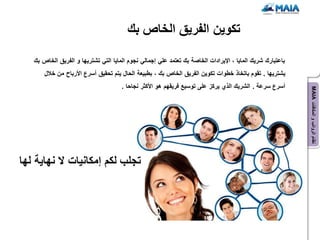 ‫تكوٌن الفرٌق الخاص بك‬

   ‫باعتبارك شرٌك الماٌا ، اإلٌرادات الخاصة بك تعتمد علً إجمالً نجوم الماٌا التً تشترٌها و الفرٌق الخاص بك‬
       ‫ٌشترٌها . تقوم باتخاذ خطوات تكوٌن الفرٌق الخاص بك ، بطبٌعة الحال ٌتم تحقٌق أسرع األرباح من خالل‬
                                      ‫أسرع سرعة . الشرٌك الذي ٌركز على توسٌع فرٌقهم هو األكثر نجاحا .‬




                                                                                                            ‫نظام الرواتب و المكافآت ‪MAIA‬‬
‫تجلب لكم إمكانٌات ال نهاٌة لها‬
 