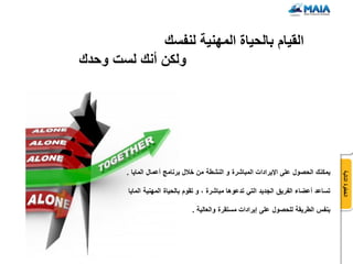 ‫القٌام بالحٌاة المهنٌة لنفسك‬
‫ولكن أنك لست وحدك‬




        ‫ٌمكنك الحصول على اإلٌرادات المباشرة و النشطة من خالل برنامج أعمال الماٌا .‬




                                                                                        ‫الخطوة التالٌة‬
         ‫تساعد أعضاء الفرٌق الجدٌد التً تدعوها مباشرة ، و تقوم بالحٌاة المهنٌة الماٌا‬

                                 ‫بنفس الطرٌقة للحصول على إٌرادات مستقرة والعالٌة .‬
 