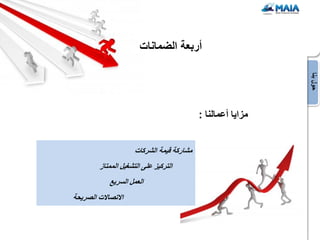 ‫أربعة الضمانات‬




                                                              ‫حول بنا‬
                                            ‫مزاٌا أعمالنا :‬


                      ‫مشاركة قٌمة الشركات‬
         ‫التركٌز على التشغٌل الممتاز‬
            ‫العمل السرٌع‬
‫االتصاالت الصرٌحة‬
 