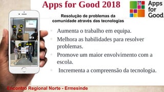 Apps for Good 2018
◈ Aumenta o trabalho em equipa.
◈ Melhora as habilidades para resolver
problemas.
◈ Promove um maior envolvimento com a
escola.
◈ Incrementa a compreensão da tecnologia.
10
Resolução de problemas da
comunidade através das tecnologias
Encontro Regional Norte - Ermesinde
 