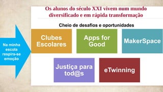 7
Os alunos do século XXI vivem num mundo
diversificado e em rápida transformação
Cheio de desafios e oportunidades
Clubes
Escolares
Apps for
Good
MakerSpace
Justiça para
tod@s
eTwinning
Na minha
escola
respira-se
emoção
 
