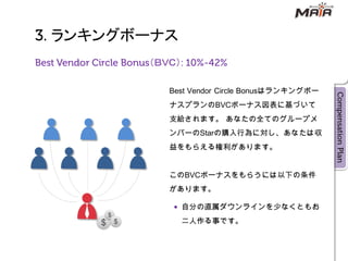 ランキングボーナス
      ＇ＢＶＣ（

         Best Vendor Circle Bonusはランキングボー
         ナスプランのBVCボーナス図表に基づいて
         支給されます。 あなたの全てのグループメ
         ンバーのStarの購入行為に対し、あなたは収
         益をもらえる権利があります。


         このBVCボーナスをもらうには以下の条件
         があります。

              自分の直属ダウンラインを少なくともお
              二人作る事です。
 