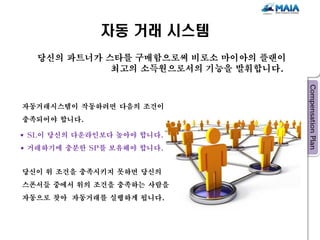자동 거래 시스템
  당신의 파트너가 스타를 구매함으로써 비로소 마이아의 플랜이
            최고의 소득원으로서의 기능을 발휘합니다.



자동거래시스템이 작동하려면 다음의 조건이
충족되어야 합니다.

SL이 당신의 다운라인보다 높아야 합니다.
거래하기에 충분한 SP를 보유해야 합니다.


당신이 위 조건을 충족시키지 못하면 당신의
스폰서들 중에서 위의 조건을 충족하는 사람을
자동으로 찾아 자동거래를 실행하게 됩니다.
 