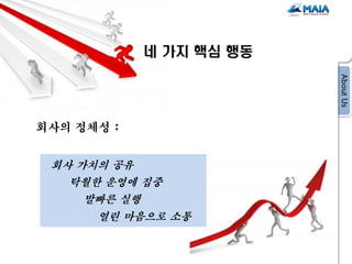 네 가지 핵심 행동




회사의 정체성 :


 회사 가치의 공유
   탁월한 운영에 집중
     발빠른 실행
      열린 마음으로 소통
 