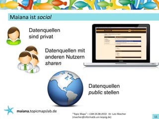 Einführungin TopicMaps
Maianaistsocial

         Datenquellen
         sind privat

                  Datenquellen mit
                  anderen Nutzern
                  sharen



                                          Datenquellen
                                          public stellen


   maiana.topicmapslab.de
                            “TopicMaps"– LSM24.08.2010Dr.LutzMaicher
                            (maicher@informatik.uni‐leipzig.de)                 11
 