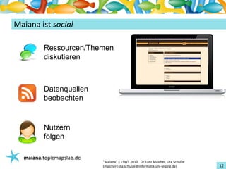 Einführungin TopicMaps
Maianaistsocial
                                                        Andere Nutzer
          Ressourcen/Themen                             einladen
          diskutieren



          Datenquellen
          beobachten


          Nutzern
          folgen

   maiana.topicmapslab.de
                            "Maiana"– LSWT2010Dr.LutzMaicher,UtaSchulze
                            (maicher|uta.schulze@informatik.uni‐leipzig.de)         12
 