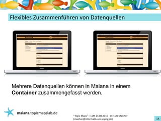 Einführungin TopicMaps
FlexiblesZusammenführenvonDatenquellen




Mehrere Datenquellen können in Maiana in einem
Container zusammengefasst werden.


   maiana.topicmapslab.de
                            “TopicMaps"– LSM24.08.2010Dr.LutzMaicher
                            (maicher@informatik.uni‐leipzig.de)                 14
 