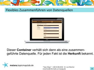 Einführungin TopicMaps
FlexiblesZusammenführenvonDatenquellen




Dieser Container verhält sich dann als eine zusammen-
geführte Datenquelle. Für jeden Fakt ist die Herkunft bekannt.


   maiana.topicmapslab.de
                            “TopicMaps"– LSM24.08.2010Dr.LutzMaicher
                            (maicher@informatik.uni‐leipzig.de)                 15
 