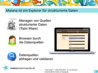 Einführungin TopicMaps
MaianaisteinExplorerfürstrukturierteDaten

          Managen von Quellen
          strukturierter Daten
          (Topic Maps)


          Browsen durch
          die Datenquellen


          Datenquellen
          abfragen und validieren

   maiana.topicmapslab.de
                             “TopicMaps"– LSM24.08.2010Dr.LutzMaicher
                             (maicher@informatik.uni‐leipzig.de)                 9
 