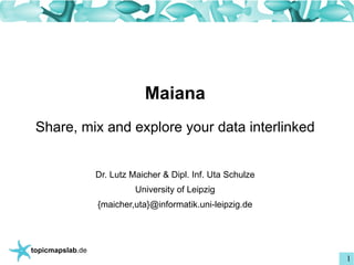 Einführung in Topic Maps




                                Maiana
   Share, mix and explore your data interlinked


                    Dr. Lutz Maicher & Dipl. Inf. Uta Schulze
                              University of Leipzig
                    {maicher,uta}@informatik.uni-leipzig.de




  topicmapslab.de
                                                                1
 