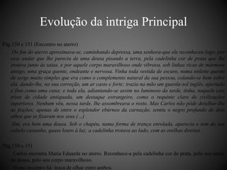 Evolução da intriga Principal 
Pág.150 e 151 (Encontro no aterro) 
Do fim do aterro aproximava-se, caminhando depressa, uma senhora-que ele reconheceu logo, por 
esse andar que lhe parecia de uma deusa pisando a terra, pela cadelinha cor de prata que lhe 
trotava junto às saias, e por aquele corpo maravilhoso onde vibrava, sob linhas ricas de mármore 
antigo, uma graça quente, ondeante e nervosa. Vinha toda vestida de escuro, numa toilette quente 
de serge muito simples que era como o complemento natural da sua pessoa, colando-se bem sobre 
ela, dando-lhe, na sua correção, um ar casto e forte; trazia na mão um guarda-sol inglês, apertado 
e fino como uma cana; e toda ela, adiantando-se assim no luminoso da tarde, tinha, naquele cais 
triste de cidade antiquada, um destaque estrangeiro, como o requinte claro de civilizações 
superiores. Nenhum véu, nessa tarde, lhe assombreava o rosto. Mas Carlos não pôde detalhar-lhe 
as feições; apenas de entre o esplendor ebúrneo da carnação, sentiu o negro profundo de dois 
olhos que se fixaram nos seus.(…) 
Sim, era bem uma deusa. Sob o chapéu, numa forma de trança enrolada, aparecia o tom do seu 
cabelo castanho, quase louro à luz; a cadelinha trotava ao lado, com as orelhas direitas. 
Pág.150 e 151 
Carlos encontra Maria Eduarda no aterro. Reconhece-a pela cadelinha cor de prata, pelo seu andar 
de deusa, pelo seu corpo maravilhoso. 
Neste encontro há troca de olhar entre ambos. 
 