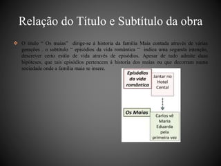 Relação do Título e Subtítulo da obra 
 O titulo “ Os maias” dirige-se á historia da família Maia contada através de várias 
gerações . o subtítulo “ episódios da vida romântica “ indica uma segunda intenção, 
descrever certo estilo de vida através de episódios. Apesar de tudo admite duas 
hipóteses, que tais episódios pertencem á historia dos maias ou que decorram numa 
sociedade onde a família maia se insere. 
 