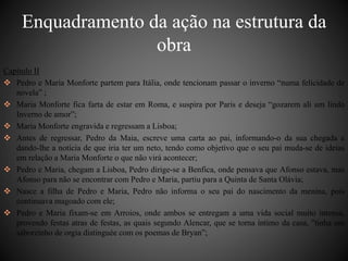 Enquadramento da ação na estrutura da 
obra 
Capítulo II 
 Pedro e Maria Monforte partem para Itália, onde tencionam passar o inverno “numa felicidade de 
novela” ; 
 Maria Monforte fica farta de estar em Roma, e suspira por Paris e deseja “gozarem ali um lindo 
Inverno de amor”; 
 Maria Monforte engravida e regressam a Lisboa; 
 Antes de regressar, Pedro da Maia, escreve uma carta ao pai, informando-o da sua chegada e 
dando-lhe a notícia de que iria ter um neto, tendo como objetivo que o seu pai muda-se de ideias 
em relação a Maria Monforte o que não virá acontecer; 
 Pedro e Maria, chegam a Lisboa, Pedro dirige-se a Benfica, onde pensava que Afonso estava, mas 
Afonso para não se encontrar com Pedro e Maria, partiu para a Quinta de Santa Olávia; 
 Nasce a filha de Pedro e Maria, Pedro não informa o seu pai do nascimento da menina, pois 
continuava magoado com ele; 
 Pedro e Maria fixam-se em Arroios, onde ambos se entregam a uma vida social muito intensa, 
provendo festas atras de festas, as quais segundo Alencar, que se torna íntimo da casa, ”tinha um 
saborzinho de orgia distinguée com os poemas de Bryan”; 
 