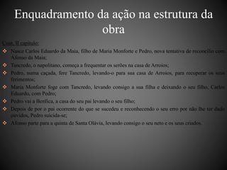 Enquadramento da ação na estrutura da 
Cont. II capítulo: 
obra 
 Nasce Carlos Eduardo da Maia, filho de Maria Monforte e Pedro, nova tentativa de reconcilio com 
Afonso da Maia; 
 Tancredo, o napolitano, começa a frequentar os serões na casa de Arroios; 
 Pedro, numa caçada, fere Tancredo, levando-o para sua casa de Arroios, para recuperar os seus 
ferimentos; 
 Maria Monforte foge com Tancredo, levando consigo a sua filha e deixando o seu filho, Carlos 
Eduardo, com Pedro; 
 Pedro vai a Benfica, a casa do seu pai levando o seu filho; 
 Depois de por o pai ocorrente do que se sucedeu e reconhecendo o seu erro por não lhe ter dado 
ouvidos, Pedro suicida-se; 
 Afonso parte para a quinta de Santa Olávia, levando consigo o seu neto e os seus criados. 
 