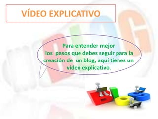 VÍDEO EXPLICATIVO
Para entender mejor
los pasos que debes seguir para la
creación de un blog, aquí tienes un
video explicativo.