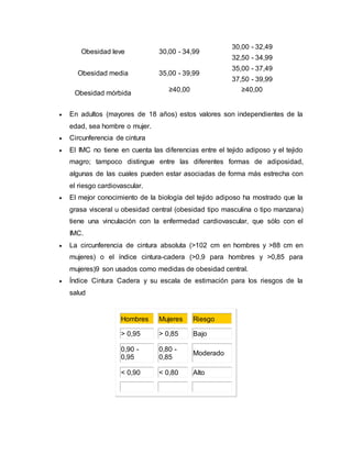 Obesidad leve 30,00 - 34,99
30,00 - 32,49
32,50 - 34,99
Obesidad media 35,00 - 39,99
35,00 - 37,49
37,50 - 39,99
Obesidad mórbida
≥40,00 ≥40,00
 En adultos (mayores de 18 años) estos valores son independientes de la
edad, sea hombre o mujer.
 Circunferencia de cintura
 El IMC no tiene en cuenta las diferencias entre el tejido adiposo y el tejido
magro; tampoco distingue entre las diferentes formas de adiposidad,
algunas de las cuales pueden estar asociadas de forma más estrecha con
el riesgo cardiovascular.
 El mejor conocimiento de la biología del tejido adiposo ha mostrado que la
grasa visceral u obesidad central (obesidad tipo masculina o tipo manzana)
tiene una vinculación con la enfermedad cardiovascular, que sólo con el
IMC.
 La circunferencia de cintura absoluta (>102 cm en hombres y >88 cm en
mujeres) o el índice cintura-cadera (>0,9 para hombres y >0,85 para
mujeres)9 son usados como medidas de obesidad central.
 Índice Cintura Cadera y su escala de estimación para los riesgos de la
salud
Hombres Mujeres Riesgo
> 0,95 > 0,85 Bajo
0,90 -
0,95
0,80 -
0,85
Moderado
< 0,90 < 0,80 Alto
 