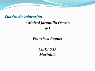 Cuadro de valoración
            Maicol Jaramillo Osorio
                       9D

               Francisca Raquel

                  I.E.T.I.S.D.
                   Marinilla
 