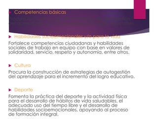  Competencias básicas
Procura la construcción de estrategias de autogestión
del aprendizaje para el incremento del logro educativo.
 Habilidades socioemocionales y/o para la vida
Fortalece competencias ciudadanas y habilidades
sociales de trabajo en equipo con base en valores de
solidaridad, servicio, respeto y autonomía, entre otros.
 Cultura
Procura la construcción de estrategias de autogestión
del aprendizaje para el incremento del logro educativo.
 Deporte
Fomenta la práctica del deporte y la actividad física
para el desarrollo de hábitos de vida saludables, el
adecuado uso del tiempo libre y el desarrollo de
habilidades socioemocionales, apoyando al proceso
de formación integral.
 