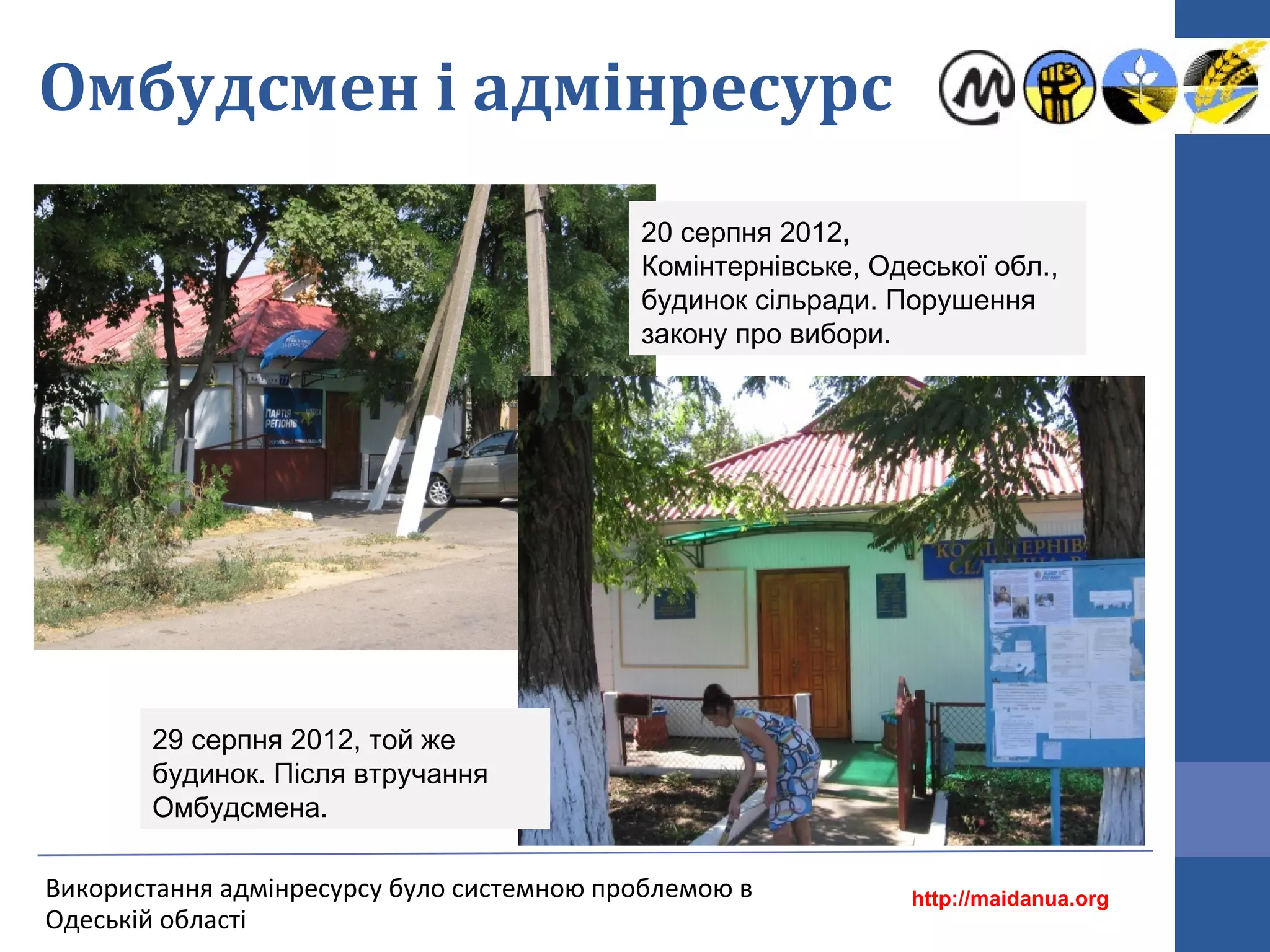 Омбудсмен і адмінресурс
20 серпня 2012,
Комінтернівське, Одеської обл.,
будинок сільради. Порушення
закону про вибори.

29 серпня 2012, той же
будинок. Після втручання
Омбудсмена.
Використання адмінресурсу було системною проблемою в
Одеській області

http://maidanua.org

 