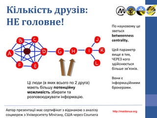 По науковому це
зветься
betweenness
centrality.
Цей параметр
вище в тих,
ЧЕРЕЗ кого
здійснюється
більше зв’язків.
Вони є
інформаційними
брокерами.
Кількість друзів:
НЕ головне!
Ці люди (в яких всього по 2 друга)
мають більшу потенційну
можливість збирати та
розповсюджувати інформацію.
Автор презентації має сертифікат з відзнакою з аналізу
соцмереж з Університету Мічігану, США через Coursera
http://maidanua.org
 