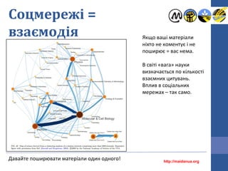 Соцмережі =
взаємодія
Давайте поширювати матеріали один одного! http://maidanua.org
Якщо ваші матеріали
ніхто не коментує і не
поширює = вас нема.
В світі «вага» науки
визначається по кількості
взаємних цитувань.
Вплив в соціальних
мережах – так само.
 