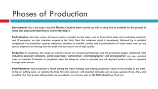 Phases of Production  Development:  This is the stage when   the Maiden Creative team comes up with a story that is suitable for the project at hand and does brainstorming to further develop it. Pre-Production:  We then review all source matter provided by the client, such as PowerPoint decks and marketing materials, and if necessary we also interview experts in the field. Next the voiceover script is developed, followed by a detailed storyboard. Pre-production requires meticulous attention to scientific content and accommodation of visual needs and we lay special emphasis on ensuring that the script and storyboard are of high quality. Production:  In production, the voiceover and storyboard are revised and finalized, and film production begins. Additional c rew including assistant directors, script supervisor, cameraman, cinematographer, still photographer , etc. are recruited when so required. Production is completed when the voiceover script is recorded and all required content is shot or acquired through other sources. Post-Production:  Post-production is about   editing the video footage and adding production values to the project. In our state-of-the-art editing suite, we combine the final film and voiceover with essential elements such as music, special effects, titles, and graphics. The final project deliverables are provided in any format, such as CD, DVD, QuickTime, Flash etc. 