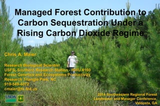 Managed Forest Contribution to 
Carbon Sequestration Under a 
Rising Carbon Dioxide Regime 
Chris A. Maier 
Research Biological Scientist 
USFS, Southern Research Station - RWU 4160 
Forest Genetics and Ecosystems Productivity 
Research Triangle Park, NC 
919-549-4072 
cmaier@fs.fed.us 
2014 Southeastern Regional Forest 
Landowner and Manager Conference, 
Valdosta, GA 
 