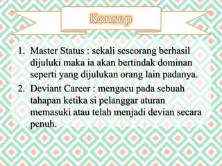 1. Master Status : sekali seseorang berhasil
dijuluki maka ia akan bertindak dominan
seperti yang dijulukan orang lain padanya.
2. Deviant Career : mengacu pada sebuah
tahapan ketika si pelanggar aturan
memasuki atau telah menjadi devian secara
penuh.
 
