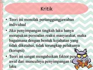 Kritik
• Teori ini menolak pertanggungjawaban
individual
• Jika penyimpangan tingkah laku hanya
merupakan persoalan reaksi masyarakat, maka
bagaimana dengan bentuk kejahatan yang
tidak diketahui, tidak terungkap pelakunya
(korupsi)
• Teori ini sangat mengabaikan faktor penyebab
awal dari munculnya penyimpangan tingkah
laku
 