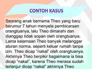 Seorang anak bernama Theo yang baru
berumur 7 tahun menyela pembicaraan
orangtuanya, lalu Theo dimarahi dan
dianggap tidak sopan oleh orangtuanya.
Lama kelamaan Theo banyak melanggar
aturan norma, seperti keluar rumah tanpa
izin. Theo dicap “nakal” oleh orangtuanya.
Akhirnya Theo berpikir bagaimana ia bisa
dicap “nakal”, karena Theo merasa sudah
terlanjur dicap “nakal” akhirnya Theo
 