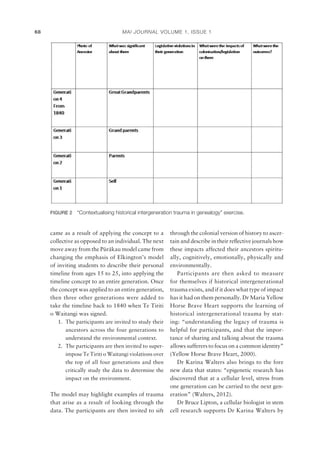 MAI JOURNAL VOLUME 1, ISSUE 168
came as a result of applying the concept to a
collective as opposed to an individual. The next
move away from the Püräkau model came from
changing the emphasis of Elkington’s model
of inviting students to describe their personal
timeline from ages 15 to 25, into applying the
timeline concept to an entire generation. Once
the concept was applied to an entire generation,
then three other generations were added to
take the timeline back to 1840 when Te Tiriti
o Waitangi was signed.
1. The participants are invited to study their
ancestors across the four generations to
understand the environmental context.
2. The participants are then invited to super-
impose Te Tiriti o Waitangi violations over
the top of all four generations and then
critically study the data to determine the
impact on the environment.
The model may highlight examples of trauma
that arise as a result of looking through the
data. The participants are then invited to sift
through the colonial version of history to ascer-
tain and describe in their reﬂective journals how
these impacts affected their ancestors spiritu-
ally, cognitively, emotionally, physically and
environmentally.
Participants are then asked to measure
for themselves if historical intergenerational
trauma exists, and if it does what type of impact
has it had on them personally. Dr Maria Yellow
Horse Brave Heart supports the learning of
historical intergenerational trauma by stat-
ing: “understanding the legacy of trauma is
helpful for participants, and that the impor-
tance of sharing and talking about the trauma
allows sufferers to focus on a common identity”
(Yellow Horse Brave Heart, 2000).
Dr Karina Walters also brings to the fore
new data that states: “epigenetic research has
discovered that at a cellular level, stress from
one generation can be carried to the next gen-
eration” (Walters, 2012).
Dr Bruce Lipton, a cellular biologist in stem
cell research supports Dr Karina Walters by
FIGURE 2 “Contextualising historical intergeneration trauma in genealogy” exercise.
 