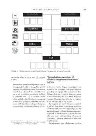 MAI JOURNAL VOLUME 1, ISSUE 1 69
stating that when he began stem cell research
in 1967:
In one of my experiments I put stem cells in
three petri dishes. I then changed the growth
medium, the constituents of the environment
in each dish…. In one dish it formed bone, in
the next it formed muscle and in the ﬁnal dish
it formed fat cells…. All of a sudden I’m like
oh my gosh, I realised that here I am teaching
at University that genes control the environ-
ment, while the cells are telling me that genes
respond to the environment. (Stewart, 2009)3
3 Bruce Lipton’s quote can be found from 1:20:19 through
to 1:21:52 in Ben Stewart’s Kymatica DVD.
“Contextualising symptoms of
historical intergenerational trauma”
exercise
In this next exercise (Figure 3) participants are
invited to use a diagram that highlights their
genealogy on a page. The participants then
ﬁll in symbolic data based on four generations
of their family back to 1840. Once they have
completed that task they ﬁll in the key section
at the left hand side of the picture.
Participants are invited to put a symbol
beside all those in their genealogy who have
lost their land, who have been impacted by
alcohol, domestic violence, drugs, gangs, unem-
ployment, all who have been to prison, all those
who have issues with gambling, all members
that smoke cigarettes, all members who have
fought in wars.
Participants are then asked to develop their
FIGURE 3 “Contextualising symptoms of historical intergenerational trauma” exercise.
 