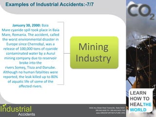 Examples of Industrial Accidents:-2/7September 21, 1921: Oppau  explosion in Germany. Occurred when a tower silo storing 4,500 tones of a mixture of ammonium sulfate and ammonium nitrate fertilizer exploded at a BASF plant in Oppau, now part of Ludwigshafen, Germany, killing 500–600 people and injuring about 2,000 more.December 3, 1984: The Bhopal disaster in India is one of the largest industrial disaster on record. A faulty tank containing poisonous methyl isocyanate leaked at a Union Carbide plant. Estimates of its death toll range from 4,000 to 20,000. Chemical IndustryIndustrialAccidents
