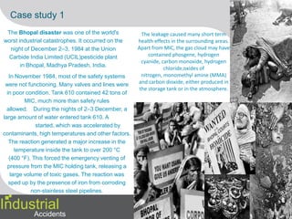 Examples of Industrial Accidents:-4/7Defense IndustryJuly 17, 1944: Port Chicago Disaster. A munitions explosion that killed 320 people occurred at the Port Chicago Naval Magazine in Port Chicago, California.August 9, 1965: Little Rock AFB in Searcy, Arkansas. 53 contract workers were killed during a fire at a Titan missile silo. The cause of the fire was determined to be a welding rod damaging a hydraulic hose allowing hydraulic vapors to leak and spread throughout silo, which were then ignited by an open flame source.IndustrialAccidents